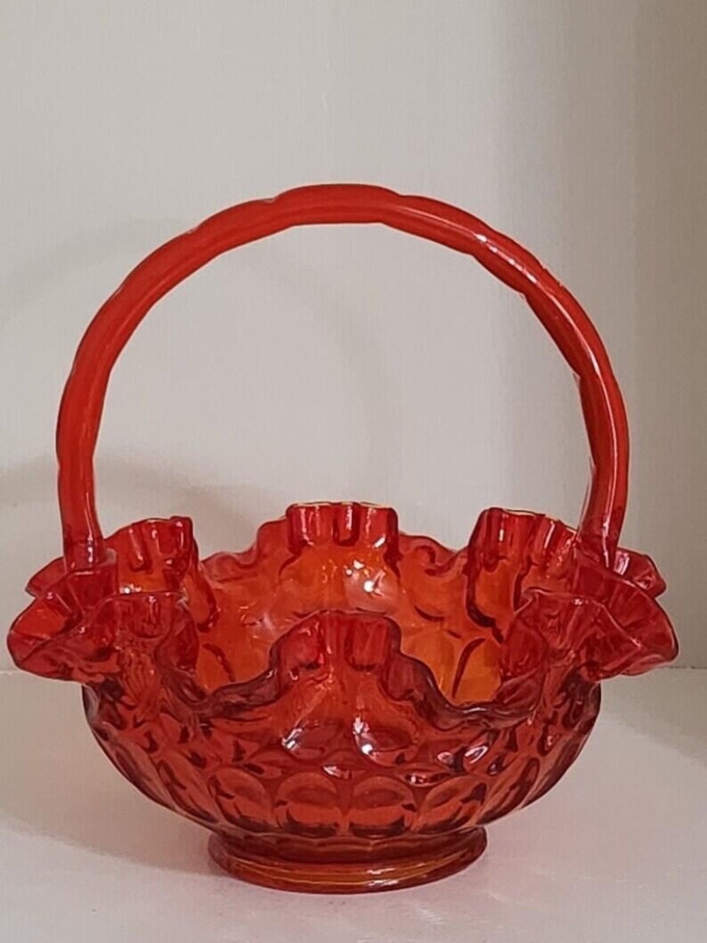BASKET FENTON GLASS RED THUMBPRINT ART GLASS DESIGN VINTAGE 7.7" W x 8.5" H